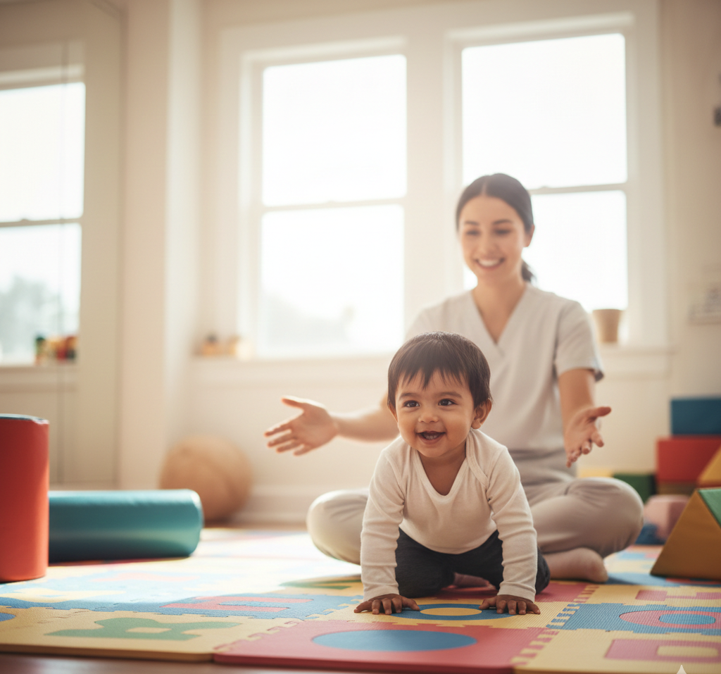 Child crawling on mats