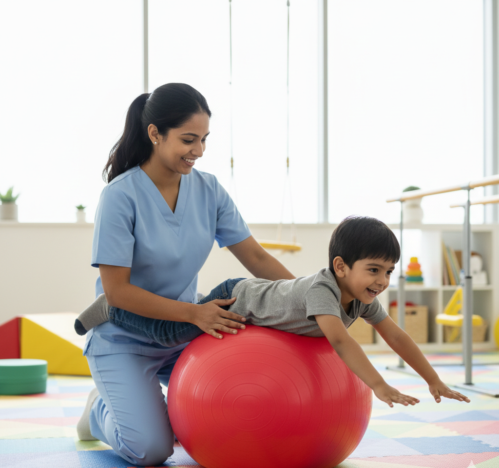 Therapist helping child with balance